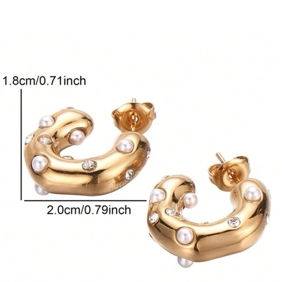 “Bella” Gold Plated Pearl and Diamond  chunky Hoops - Picture 8 of 9